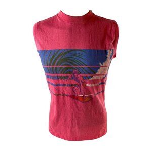Vintage Campusport Men's Pink/Blue Surfer Logo Tank Tee Size M